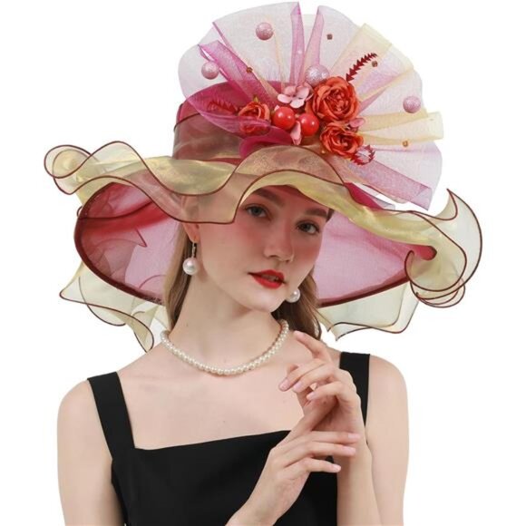 Women\'s Derby Church Hat Bridal Tea Party Sun Hat with Detachable Hat Flower